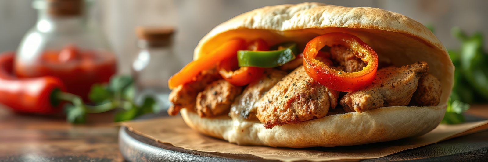 Delicious grilled chicken sandwich topped with fresh peppers and served on a warm bun